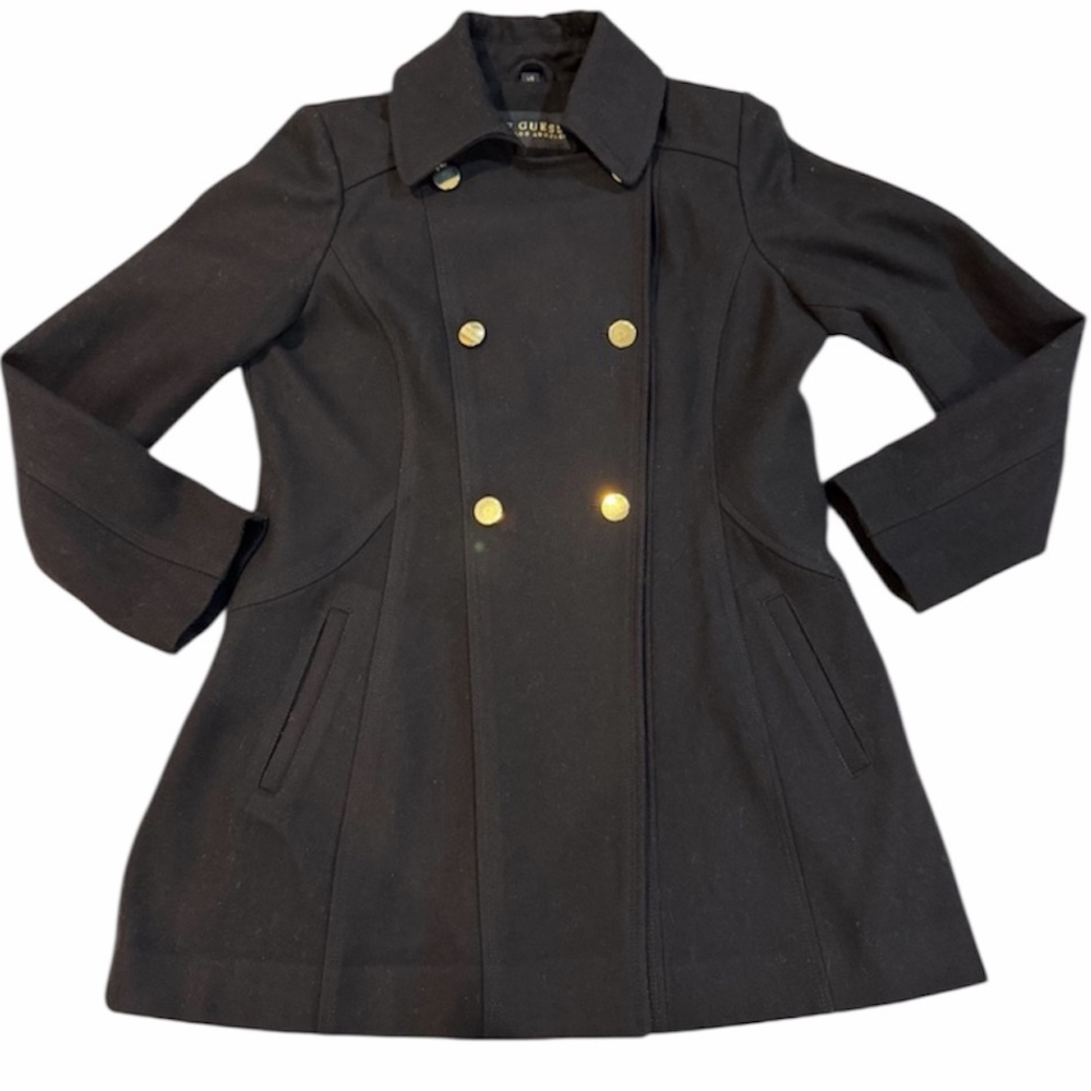 GUESS Los Angeles Black Wool-Blend Pea Coat with Gold Buttons – Size L